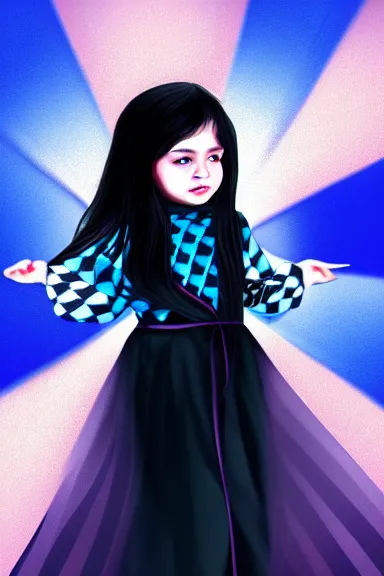 Image similar to mysterious girl child with her long black hair dressed in a chequered robe, carrying blue very big magical crystal, digital art, hd, 4 k, hyper detailed