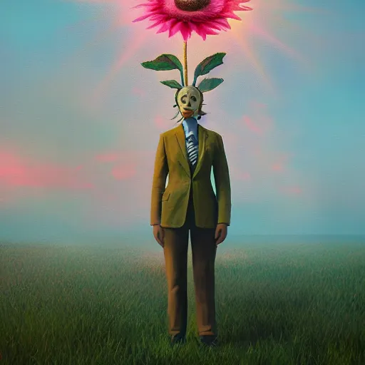 Image similar to giant daisy flower head, frontal, girl in a suit, surreal photography, sunrise, dramatic light, impressionist painting, digital painting, artstation, simon stalenhag