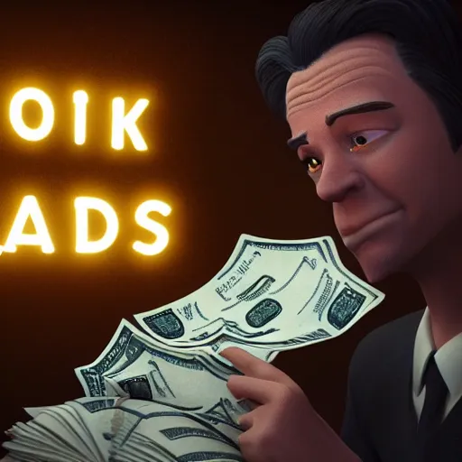Image similar to portrait of bookmaker with money in hands sly cunning pixar style animation 3d extremely gloomy lighting, shining light and shadow, atmospheric, cinematic, unreal Engine, 8K