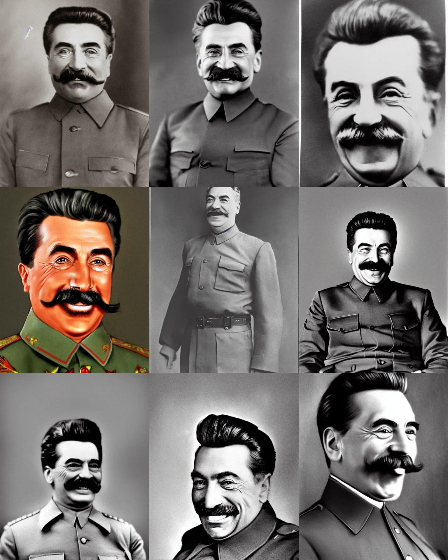 Prompt: beautiful portrait photography of stalin, wholesome smile, detailed