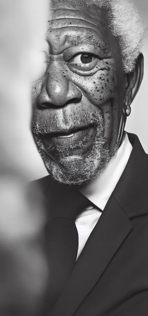 Prompt: phone wallpaper of a photo portrait of morgan freeman, black and white closeup photo