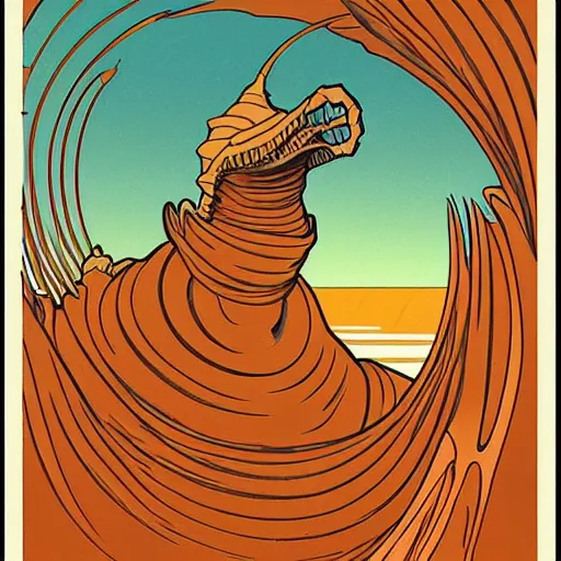 Prompt: subject: a giant desert sandworm with a terrifying presence, swimming through a sandy planet with an orange sky with sand dunes in the background, in the style of Alphonse Mucha