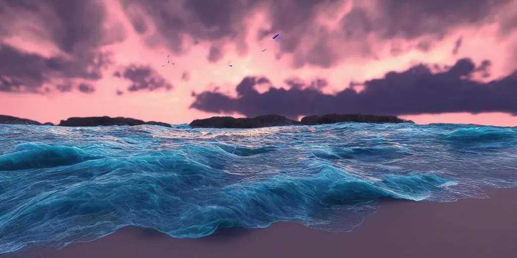 Image similar to a photo of a beach at sunset, turbulent sea, high coherence, highly detailed, high quality, 8K, path tracing, breathtaking landscape, cinematic lighting, concept art, octane render, unreal engine 5, trending on Artstation, soft light, godrays, complementary colors, natural lighting, sand