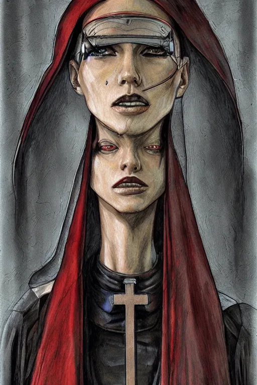 Image similar to portrait fashion model cyborg nun artwork by enki bilal