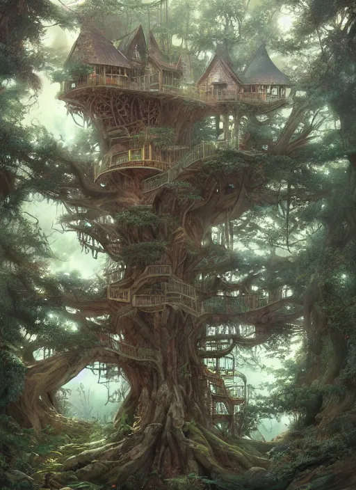 Image similar to A beautiful digital painting of an enormous treehouse, crystal lake by Stanley Artgerm Lau, Rossdraws, James Jean, gerald brom, Andrei Riabovitchev, Marc Simonetti, and Sakimichan, trending on artstation