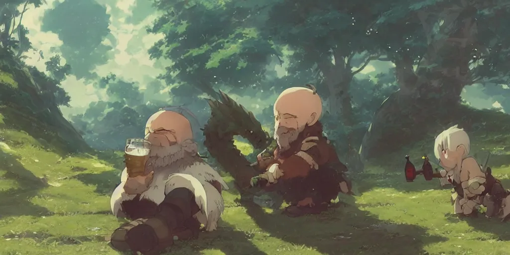 Image similar to a dwarf and his small pet dragon drinking a beer together | sharp contrast | by greg rutkowski makoto shinkai takashi takeuchi studio ghibli