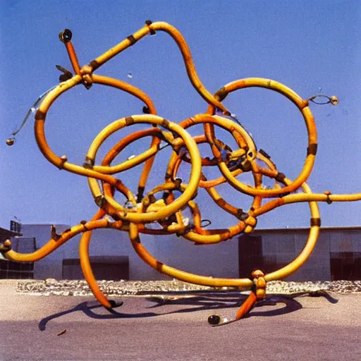 Prompt: by alexander calder, marbles, electric motors, by claes oldenburg. outdoor photograph., steel wire, chain and sprockets. mecha. by arthur ganson, brass sheet, acrylic, a giant mechanical kinetic sculpture made of painted wood blocks