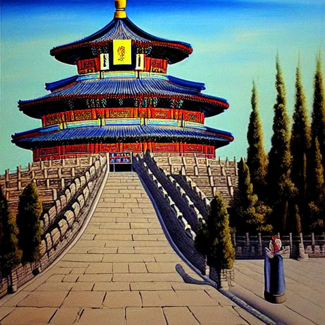 Image similar to a beautiful painting cyberpunk beijing imperial palace, temple of heaven, great wall, by salvador dali realistic oil painting