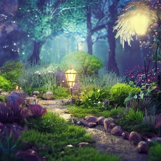 Prompt: fairy glowing magically at night concept art, realistic garden, beautiful, glorious, matte painting, highly detailed, trending on artstation, 4 k, rendered in octane