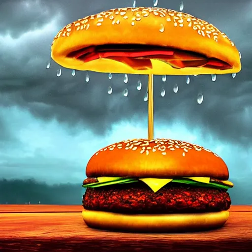 Image similar to a demonic burger, oil painting, thunderstorm, raindrops, cinematic, unreal engine