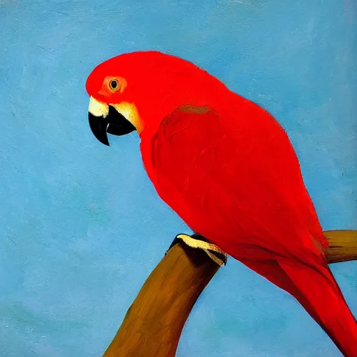 Prompt: a red parrot sitting on a branch, painting, sky background