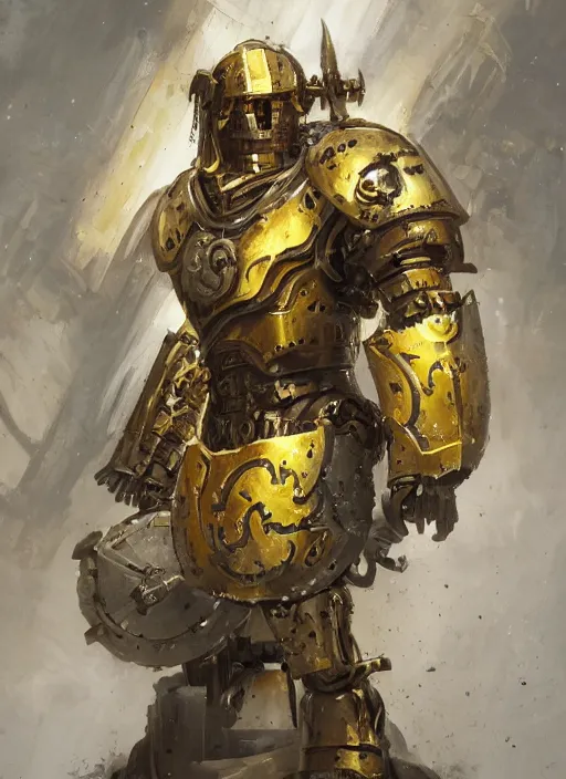 Image similar to dynamic portrait of a intricate glorious holy mechanical warforged character in yellow armor holding a paladin engraved great longsword drawn and carrying a big paladin shield, spotlight from face , epic , trending on ArtStation, masterpiece, cinematic lighting, by Greg Rutkowski and by John Salminen and by Jackson Pollock and by Marc Simonetti