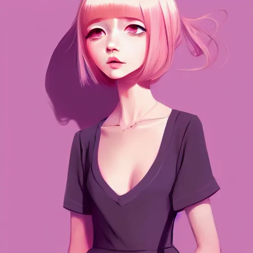 Image similar to young female in summer dress art, pastel light pink long hair, muted colors, matte print, pastel colors, ornate, digital art, digital painting, fan art, elegant, artstation, head is centered, by Ilya Kuvshinov