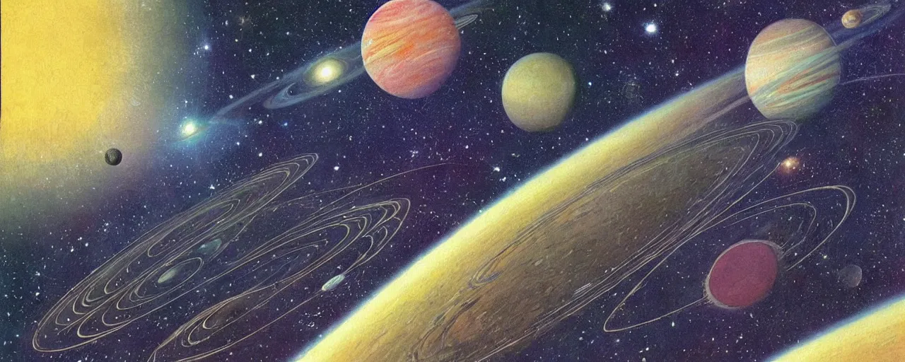 Image similar to ” a beautiful planet at the end of the galaxy painted by moebius. ”