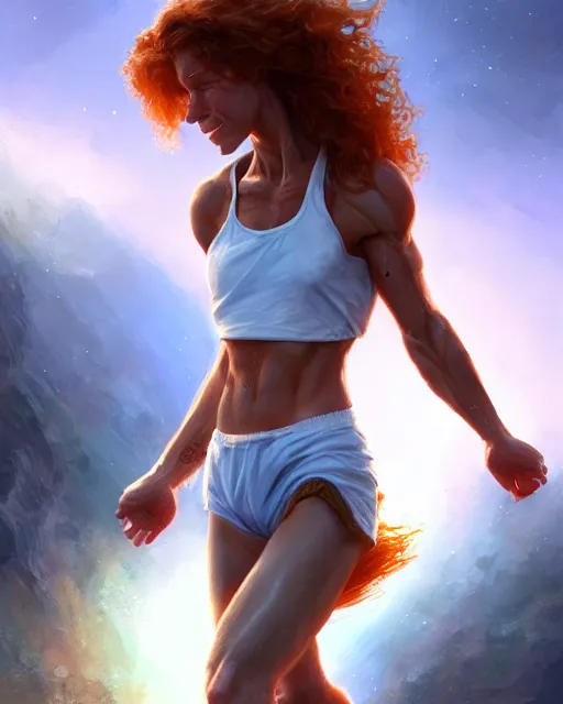 Image similar to cute female runner, perfect face, white halter top, flowing ginger hair, abs, cinematic, stunning, athletic, strong, agile, highly detailed, psychedelic, digital painting, artstation, smooth, hard focus, illustration, art by jessica rossier and and brian froud