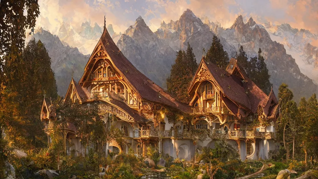 Image similar to a beautiful painting of art nouveau swiss chalet elven rivendell at sunrise in the distant mountains, intricate, elegant, highly detailed, digital painting, artstation, concept art, by krenz cushart and artem demura and alphonse mucha
