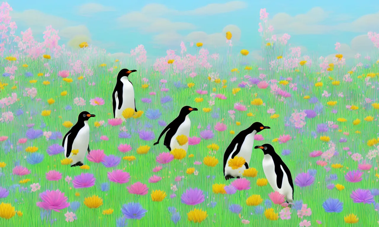 Prompt: penguins, meadow flowers, pastel colors, nordic, cityscape, digital art, 3 d illustration