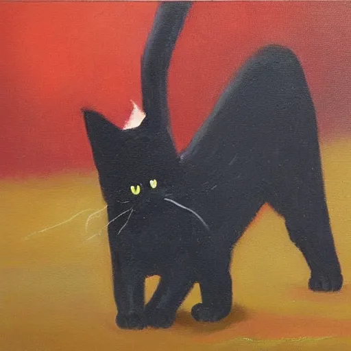 Prompt: Black cat plays with a red cat in a clearing, oil painting