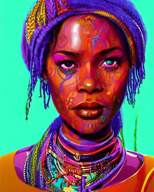 Image similar to colorful character portrait of a black female hippie 1 9 6 0 s vibe, set in the future 2 1 5 0 | highly detailed face | very intricate | symmetrical | cinematic lighting | award - winning | painted by mandy jurgens | pan futurism, dystopian, bold colors, cyberpunk, groovy vibe, anime aesthestic | featured on artstation