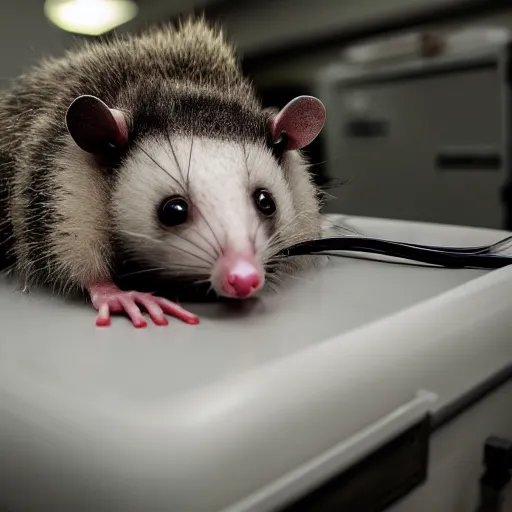 Image similar to anthropomorphic opossum wearing human clothes, laying dead on its back on a coroner's table in a morgue, bright florescent lighting, scientific and medical equipment in the background, zoomed out, movie still, photograph, 4k