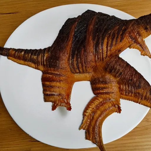 Image similar to a spinosaurus made of croissant