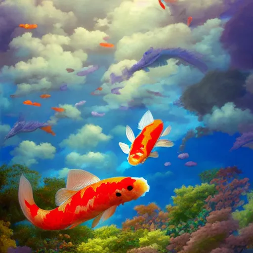 Prompt: koi fish swimming in the clouds, vibrant colors, ( ( ( koi colors ) ) ), octane render, jesper ejsing, james jean, justin gerard, tomasz alen kopera, cgsociety, fenghua zhong, makoto shinkai, highly detailed, rim light, art, cinematic lighting, very coherent, hyper realism, 8 k