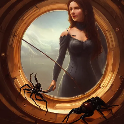 Image similar to a nineteenth - century woman with an uncovered breast holding a scorpion in his hand, inside a spaceship with the earth rom the porthole, highly detailed, concept art, art by wlop and artgerm and greg rutkowski, masterpiece, trending on artstation, 8 k