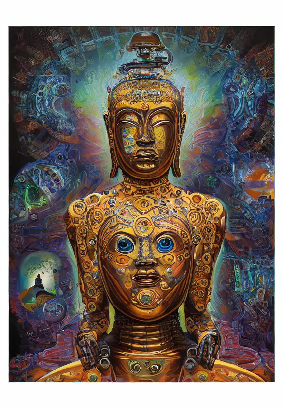 Prompt: biomechanical alien robot buddha, female, intense stare, sarcastic smile, symmetrical, concept art, intricate detail, volumetric shadows and lighting, realistic oil painting, 1 9 7 0 psychedelic soviet poster,
