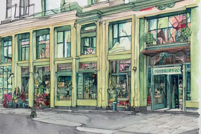 Image similar to watercolor artwork of sneaker store in russia : : green, art nouveau, trending on artstation