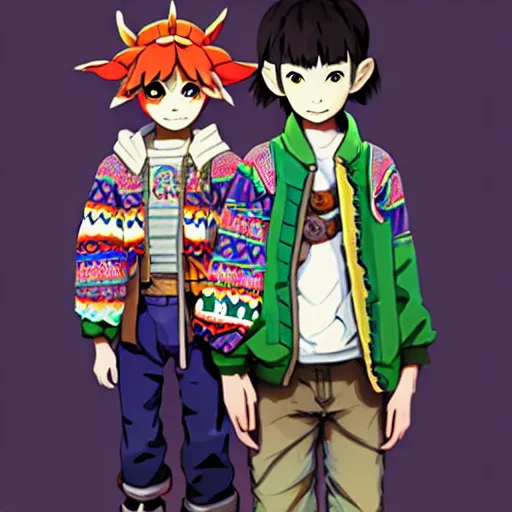 Image similar to majora majora's mask wearing oversized mayan bomber jacket with overalls, bulky poofy bomber jacket with mayan patterns, aztec street fashion, botw art style, gapmoe yandere grimdark, trending on pixiv fanbox, painted by greg rutkowski makoto shinkai takashi takeuchi studio ghibli, akihiko yoshida