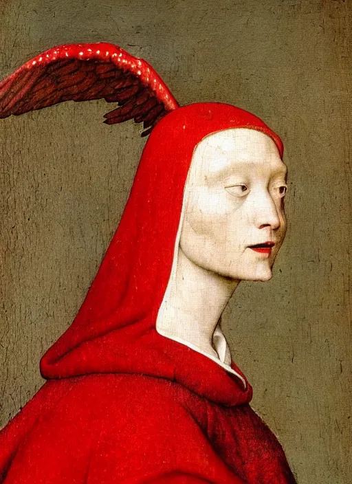 Image similar to profile of a fallen angel dressed in red with wings by Jan van Eyck, Hieronymus Bosch, Johannes Vermeer 4k post-processing, highly detailed medieval painting