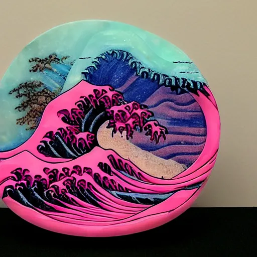 Prompt: carved diorama of the great wave off kanagawa with pink lava and fire, carved out of transparent marble with celadon glaze