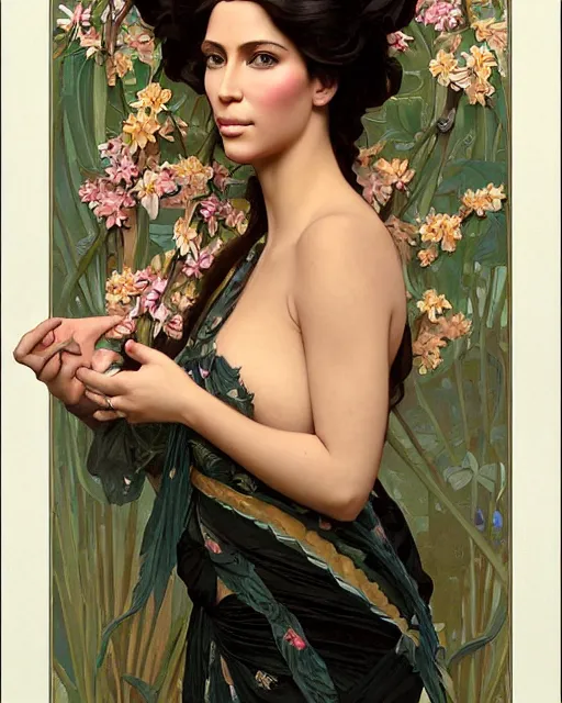 Prompt: an art nouveau portrait painting of a shy, blushing, kim kardashian as a princess lying among flower petals, hair fanned around, intricate, elegant, highly detailed, artstation, concept art, by krenz cushart and donato giancola and william adolph bouguereau and alphonse mucha