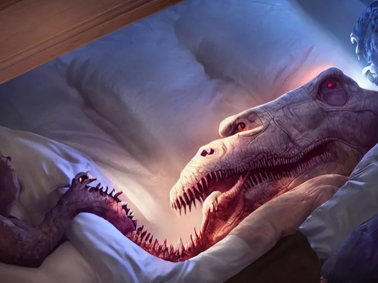 Prompt: sleeping!!!!! t - rex in bed!!!!!, ultra realistic, lens flare, atmosphere, glow, detailed, intricate, full of colour, cinematic lighting, trending on artstation, 4 k, hyperrealistic, focused, extreme details, unreal engine 5, cinematic, masterpiece