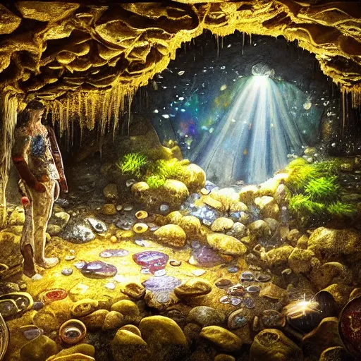 Image similar to adventurer archeologist, inside the wishing well cavern, piles of gold coins, refractive jewels, shallow water, gold refractions off water, moonlight beam from above illuminates cavern, reflective clean water on cavefloor, slick wet walls, soft glow fungi, small flowing stream from wall, lichen patches, gold dappled lighting, movie poster painting