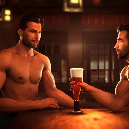 Image similar to cinematic scene with attractive male and another attractive muscular male, drinking their hearts out, in the pub, very detailed, volumetric lighting, still frame