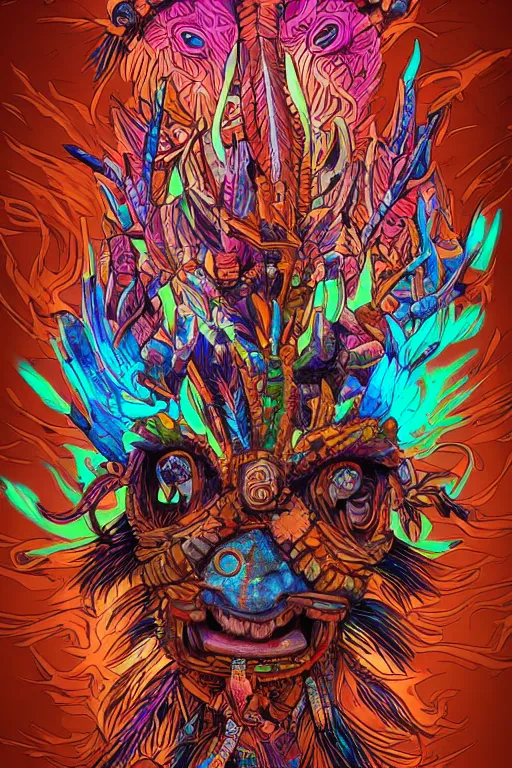 Image similar to totem animal tribal chaman vodoo mask feather gemstone plant wood rock video game illustration vivid color borderlands by josan gonzales and dan mumford radiating a glowing aura