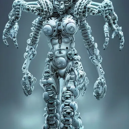 Image similar to a mech version of medusa, with four arms very symmetrical, highly detailed, by vitaly bulgarov, by joss nizzi, by ben procter, by steve jung, concept art, sil, quintessa, transformers, concept art world, pinterest, artstation, keyshot, unreal engine