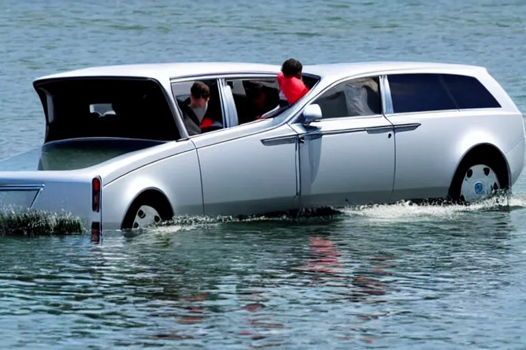 Image similar to Teenagers push Rolls-Royce into lake with their hands from a small slide wanting to drown him