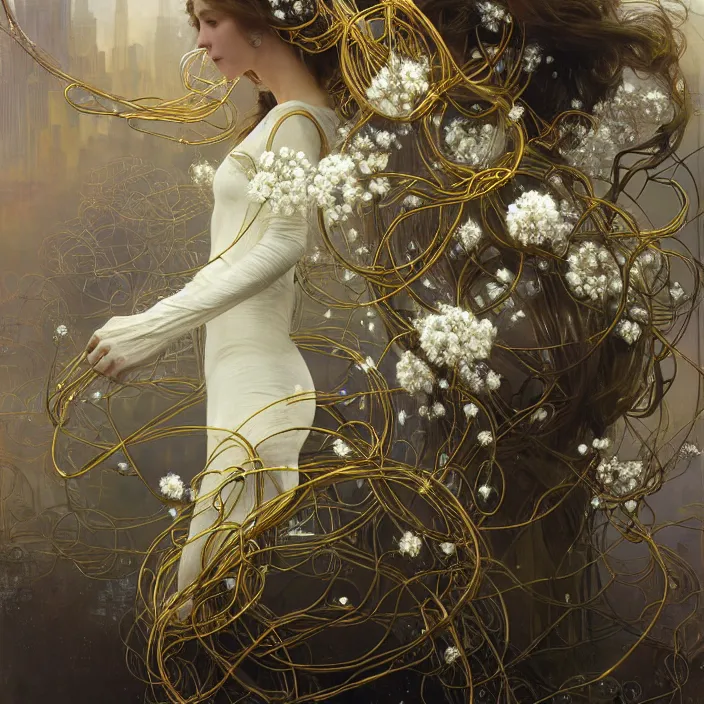 Image similar to hyperrealist portrait of a 2 0 4 4 space sport engineer, it is decorated with long gold and steel wires and white flowers that fall like vines and wears a huge computer crown. by jeremy mann and alphonse mucha, fantasy art, photo realistic, dynamic lighting, artstation, poster, volumetric lighting, dramatic light, very detailed faces, 8 k, award winning