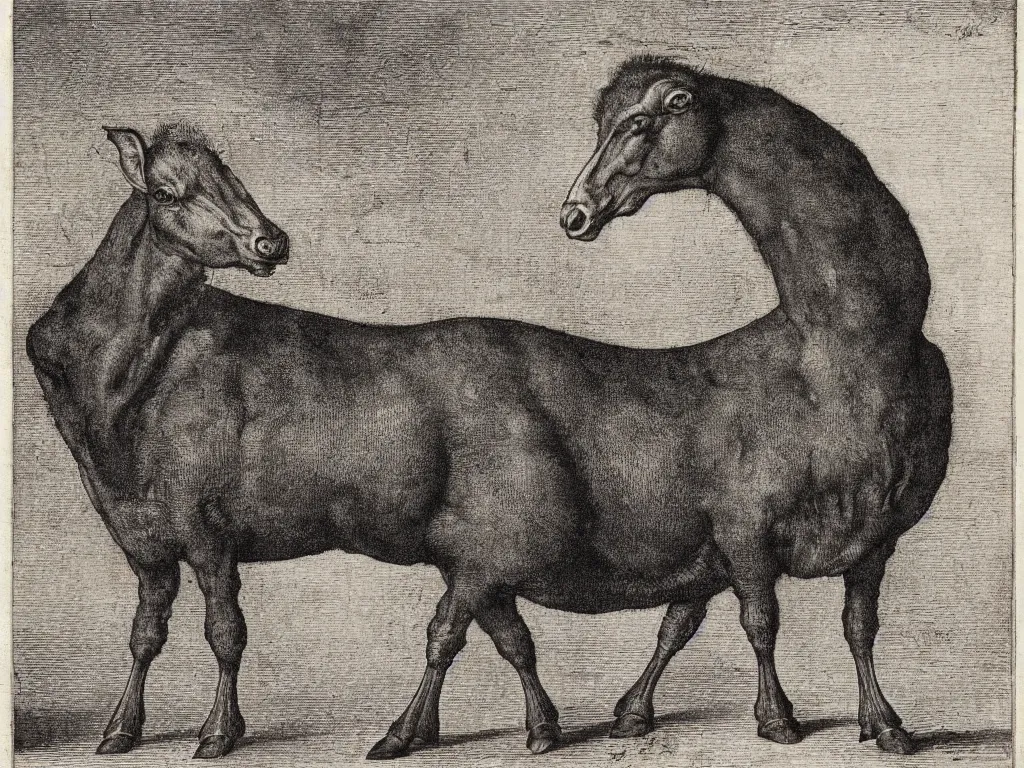 Image similar to portrait of a veal at the slaughterhouse. copper engraving by albrecht durer, walton ford