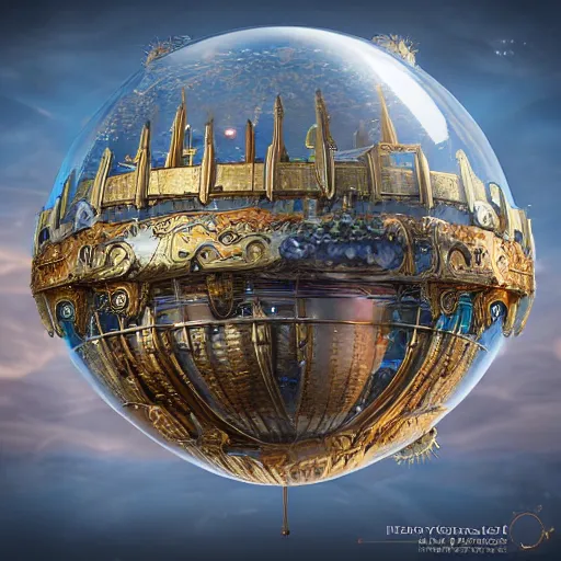 Image similar to enormous flying city in a faberge egg, sky, steampunk, fantasy art, unreal engine,