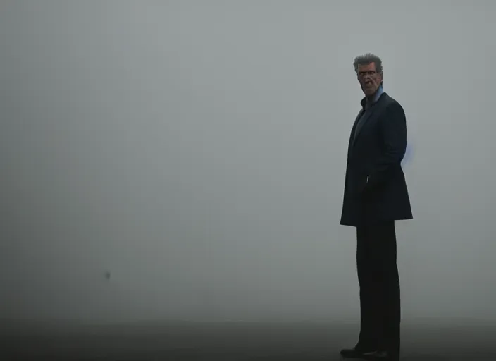 Prompt: film footage of pierce brosnan as giant monster in a foggy city, eerie, 8 k, 8 5 mm f 1. 8, studio lighting