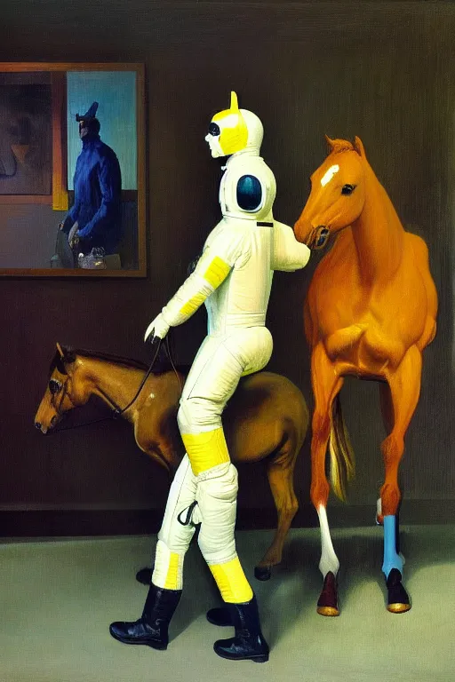 Image similar to man in horse costume, horse in costume astronaut, horse racing, astronaut helmet on horseback, hauntingly surreal, highly detailed painting by francis bacon, edward hopper, adrian ghenie, gerhard richter, and james jean soft light 4 k,