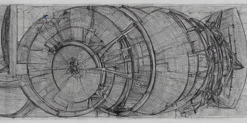 Prompt: leonardo da vinci color intricate full page scan blueprint of an environmental turbine machine, on paper, black ball pen style, :: ultra-detailed technical precision :: mixed media with white and silver lines, realistic composition, point of interest at golden ratio, light from right, more darkness on the bottom, monumentally art composition, high quality of sketching with subtle hairlines, highly detailed rounded forms, inside out and outside in, octane render