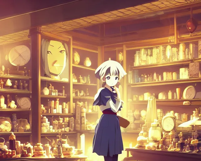 Image similar to anime visual, portrait of a young female traveler in a alchemist's shop interior, cute face by yoh yoshinari, katsura masakazu, studio lighting, dynamic pose, dynamic perspective, strong silhouette, anime cels, ilya kuvshinov, cel shaded, crisp and sharp, rounded eyes, moody