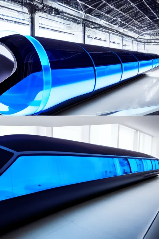 Prompt: transparent long dark blue plastic hyperloop by zaha hadid, space capsule glowing in the dark, dark moody monochrome colors,