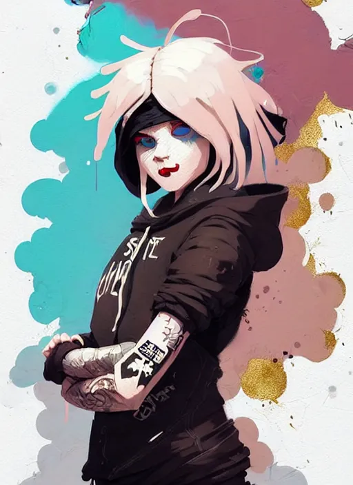 Image similar to highly detailed portrait of a sewer punk lady student, blue eyes, hoodie, tall spiral white hair by atey ghailan, by greg rutkowski, by greg tocchini, by james gilleard, by joe fenton, by kaethe butcher, gradient gold, black, brown and pink color scheme, grunge aesthetic!!! ( ( graffiti tag wall background ) )