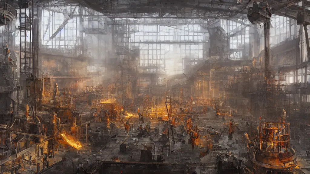 Image similar to interior of heavy steel foundry with cranes and engineers working on molten steel, papyrus, watercolored, jakub rozalski, bright colours, dieselpunk, concept art, trending on artstation