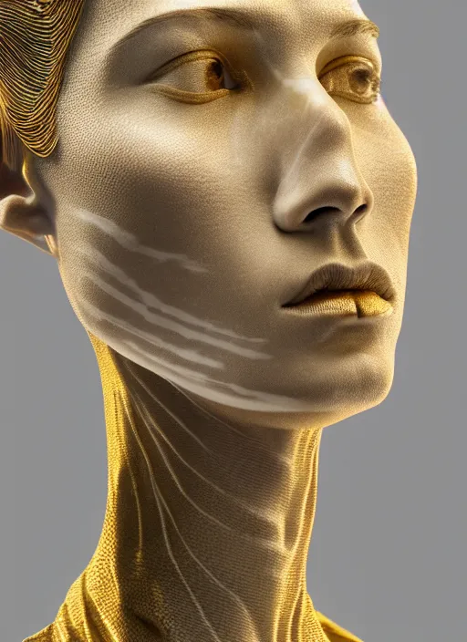 Prompt: a statue made of white marble with gold veins, of corn man, full body shot, perfect symmetrical body, perfect symmetrical face, hyper realistic, hyper detailed, by johannen voss, by peter kemp, by monia merlo, by michelangelo, by ernst haeckel, by alex grey, octane render, blender, 8 k